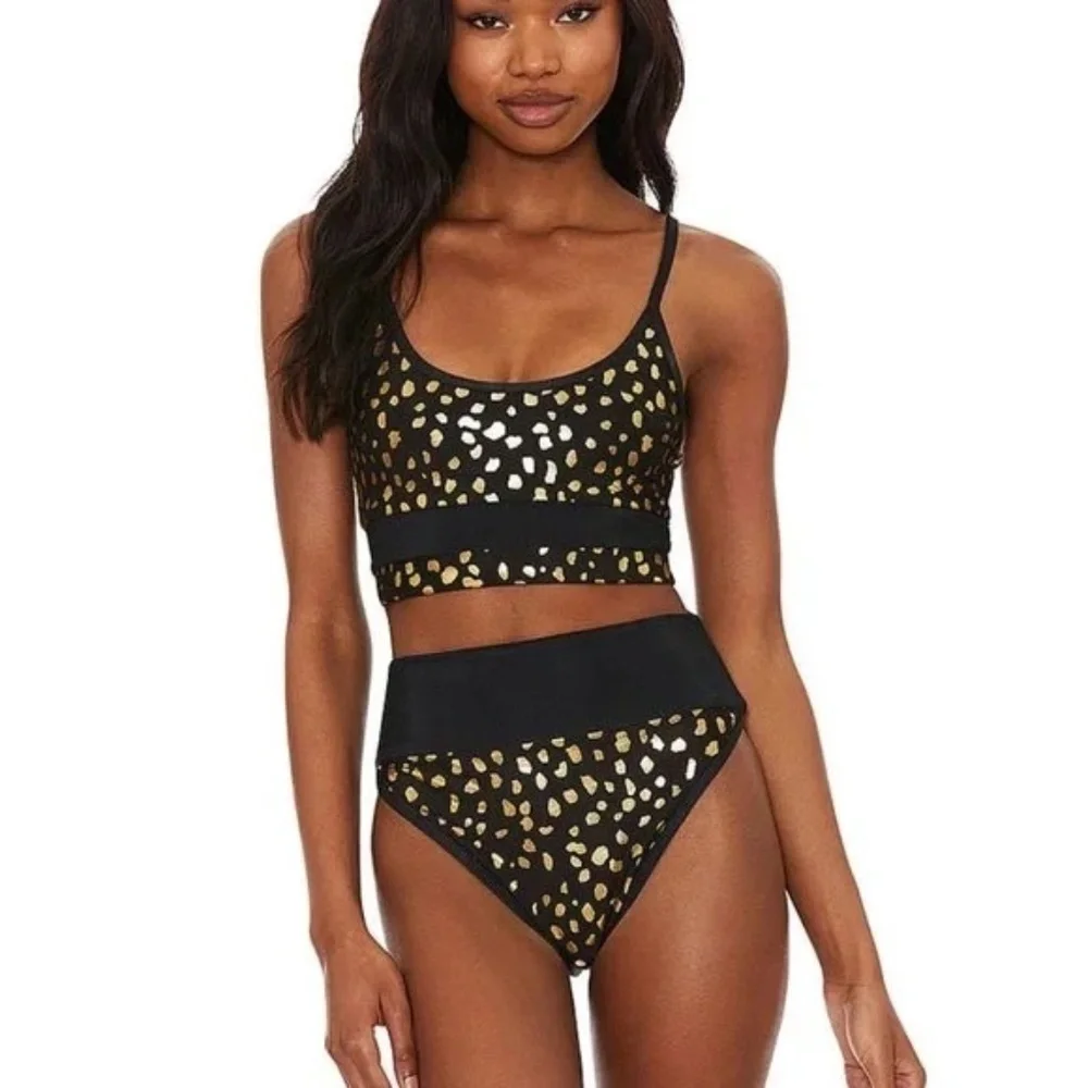 New! SET Beach Riot Eva Emmy Metallic Gold Black leopard bikini 31359